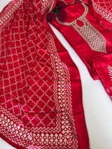 Red Gajji Silk With gotta work neck Unstitched suit