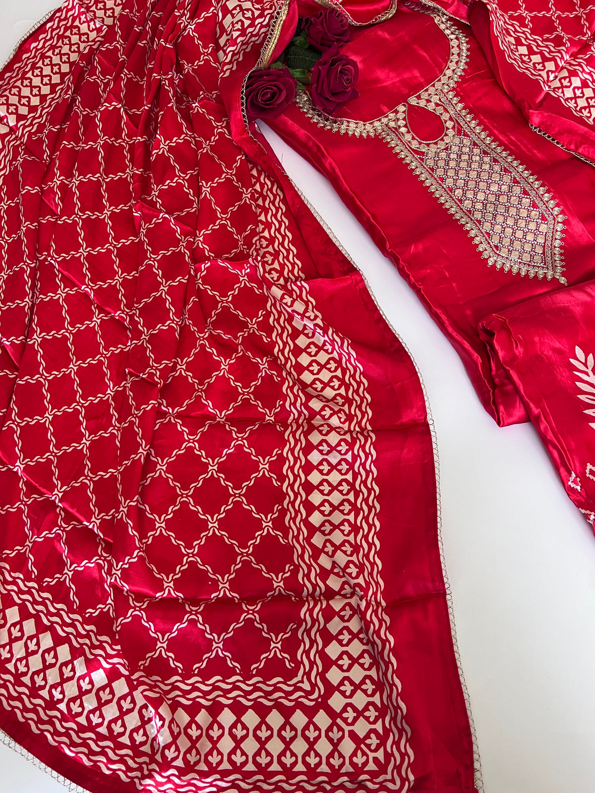 Red Gajji Silk With gotta work neck Unstitched suit