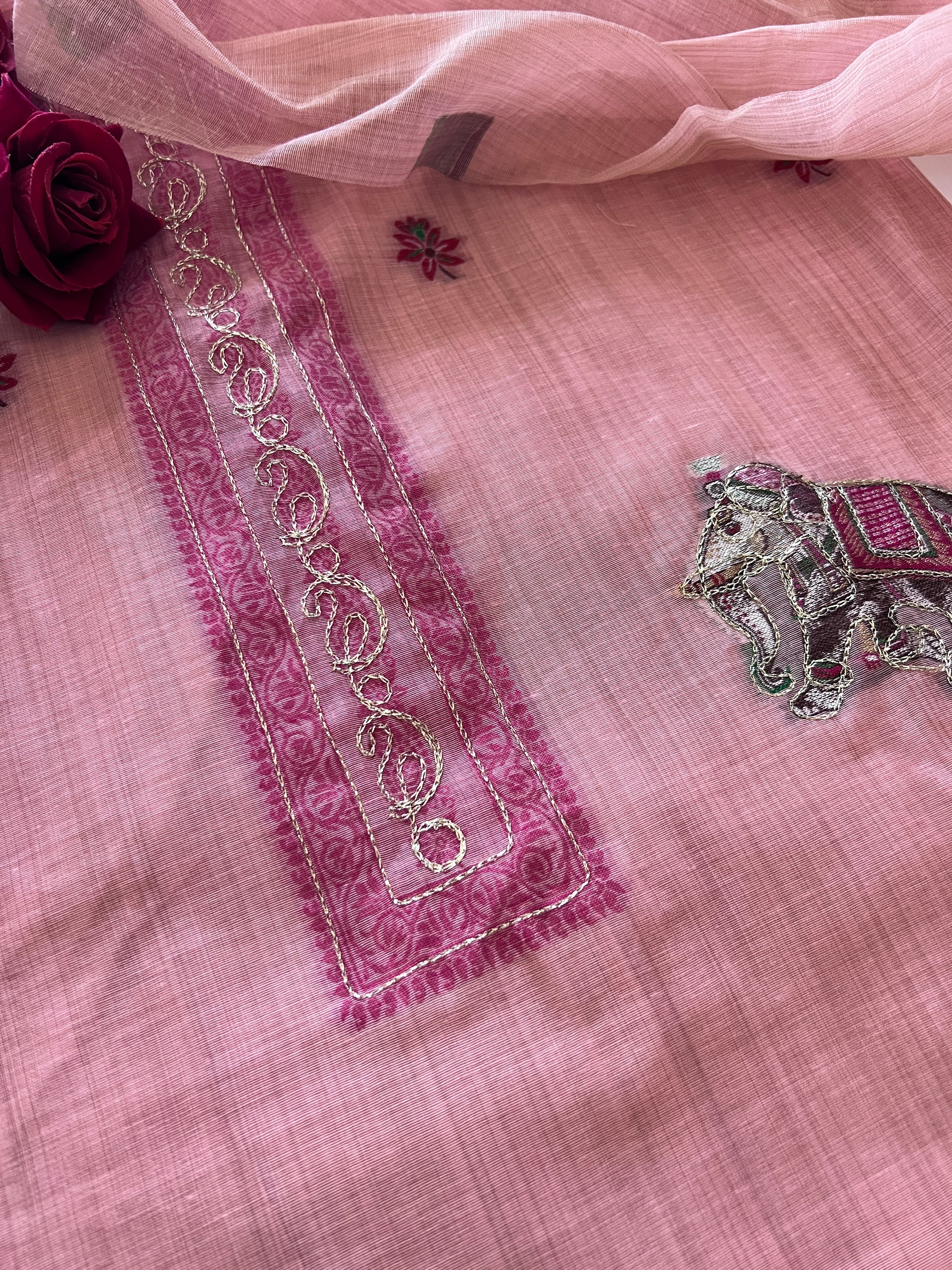 Pink Cotton Jamdani work dress material unstitched Suit set