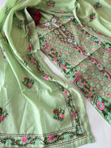 Pista green Phulkari embroidery Unstitched suit material