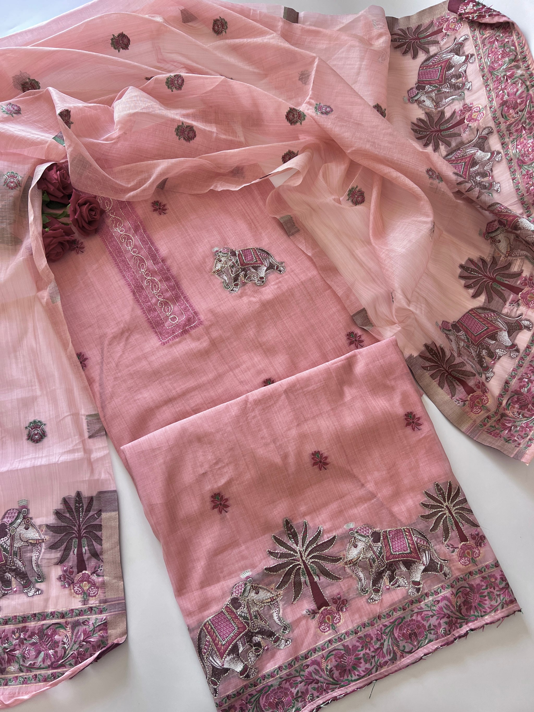 Pink Cotton Jamdani work dress material unstitched Suit set