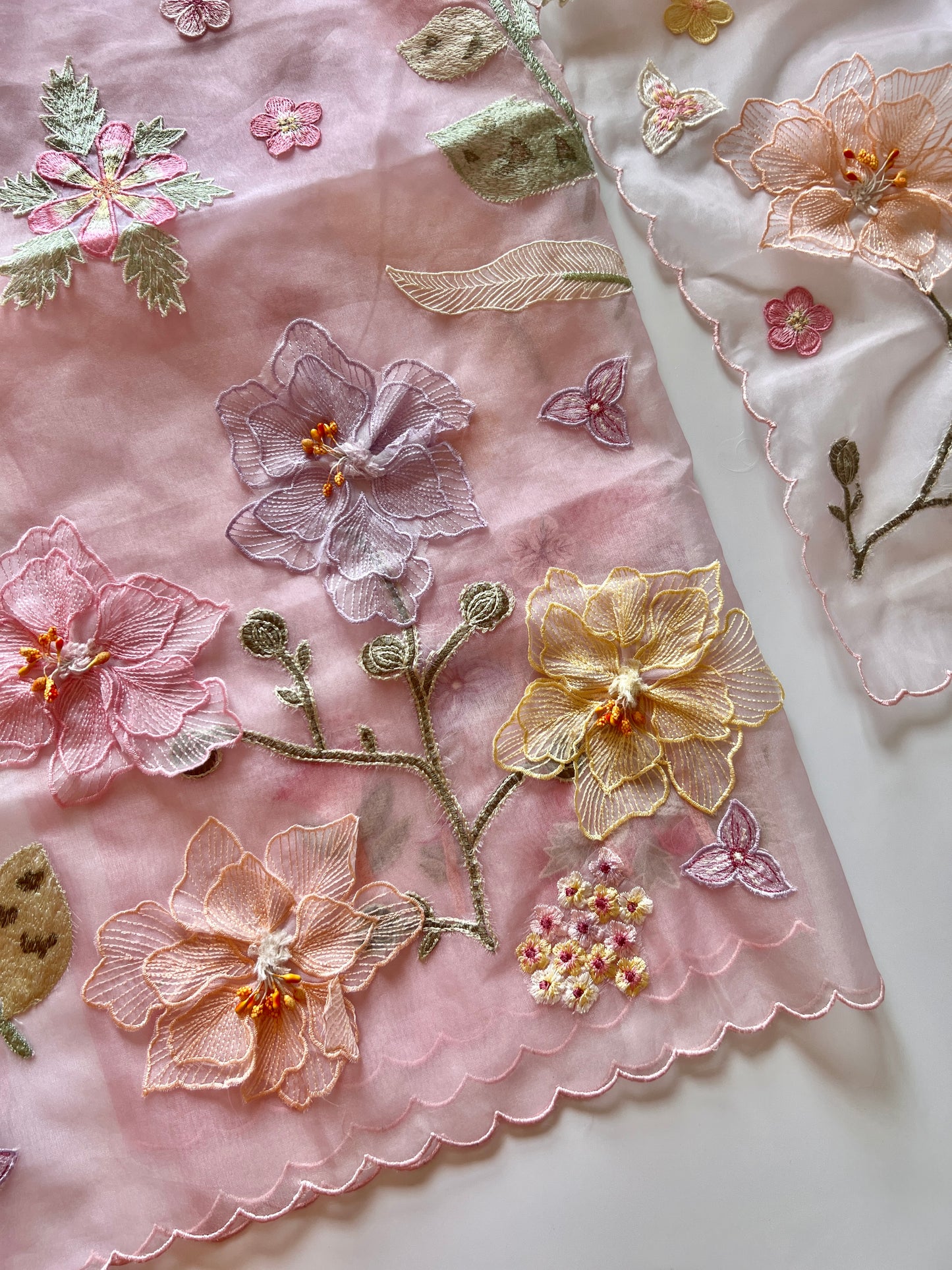 Pink 3D Embroidery on semi Organza premium unstitched dress material with floral work