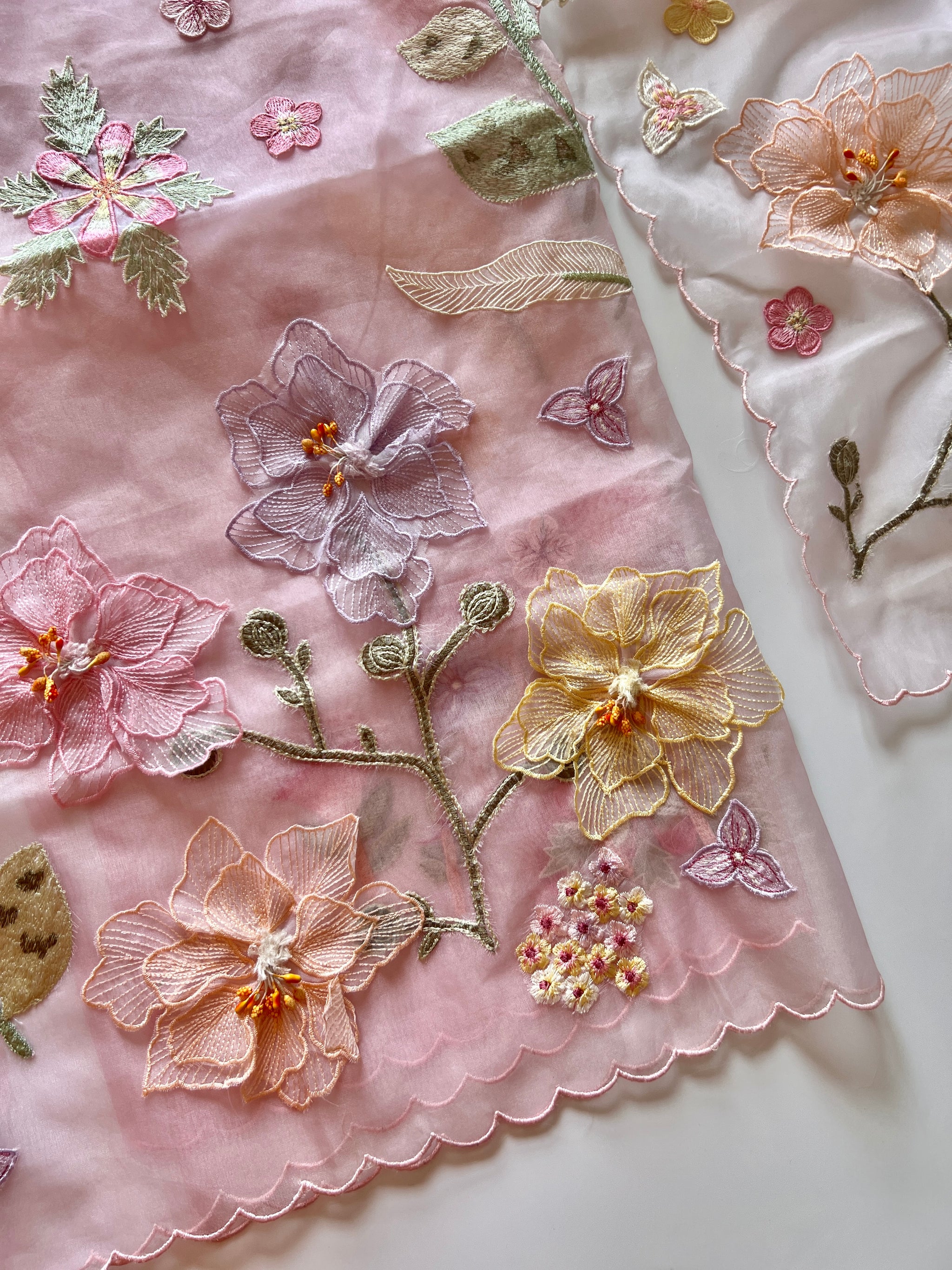 Pink 3D Embroidery on semi Organza premium unstitched dress material with floral work