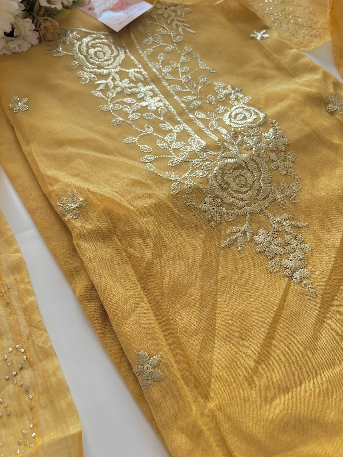 Pastel Yellow Mul Chanderi dress material with pitta and mukaish work dupatta