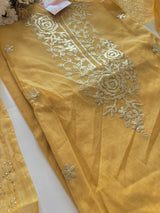 Pastel Yellow Mul Chanderi dress material with pitta and mukaish work dupatta