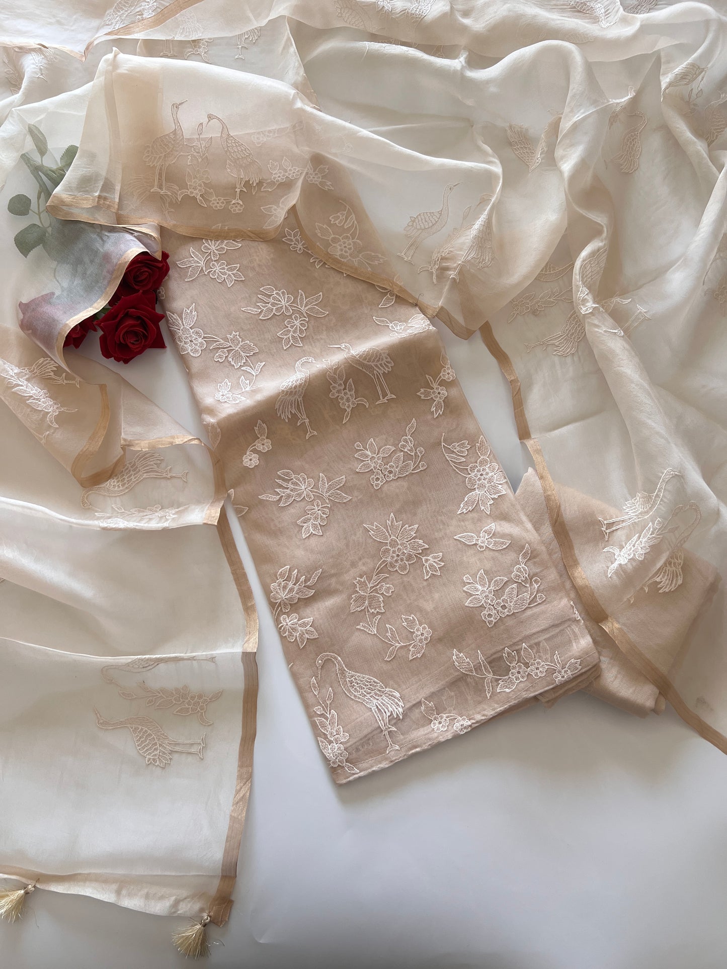 Beige Pure Organza with Swan embroidery Un-stitched Suit set