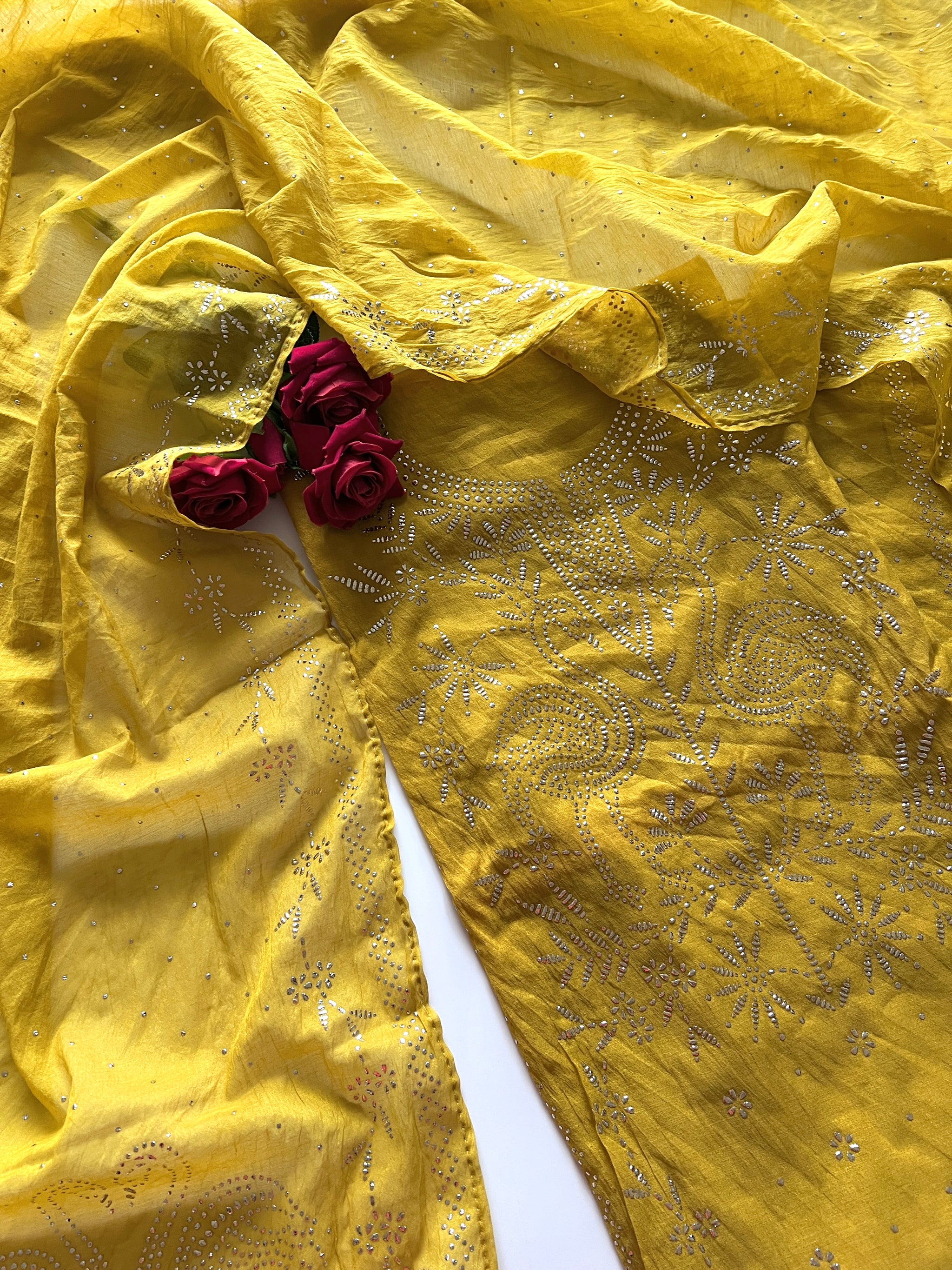 Mul Chanderi dress material with mukaish -Flamingo