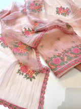 Peach Glass tissue with floral cross stitch embroidery dress material