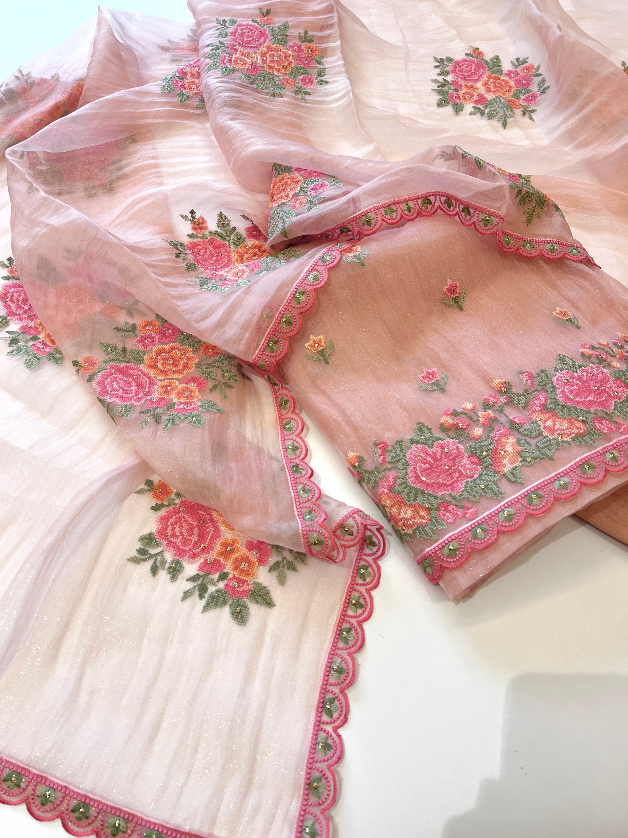Peach Glass tissue with floral cross stitch embroidery dress material