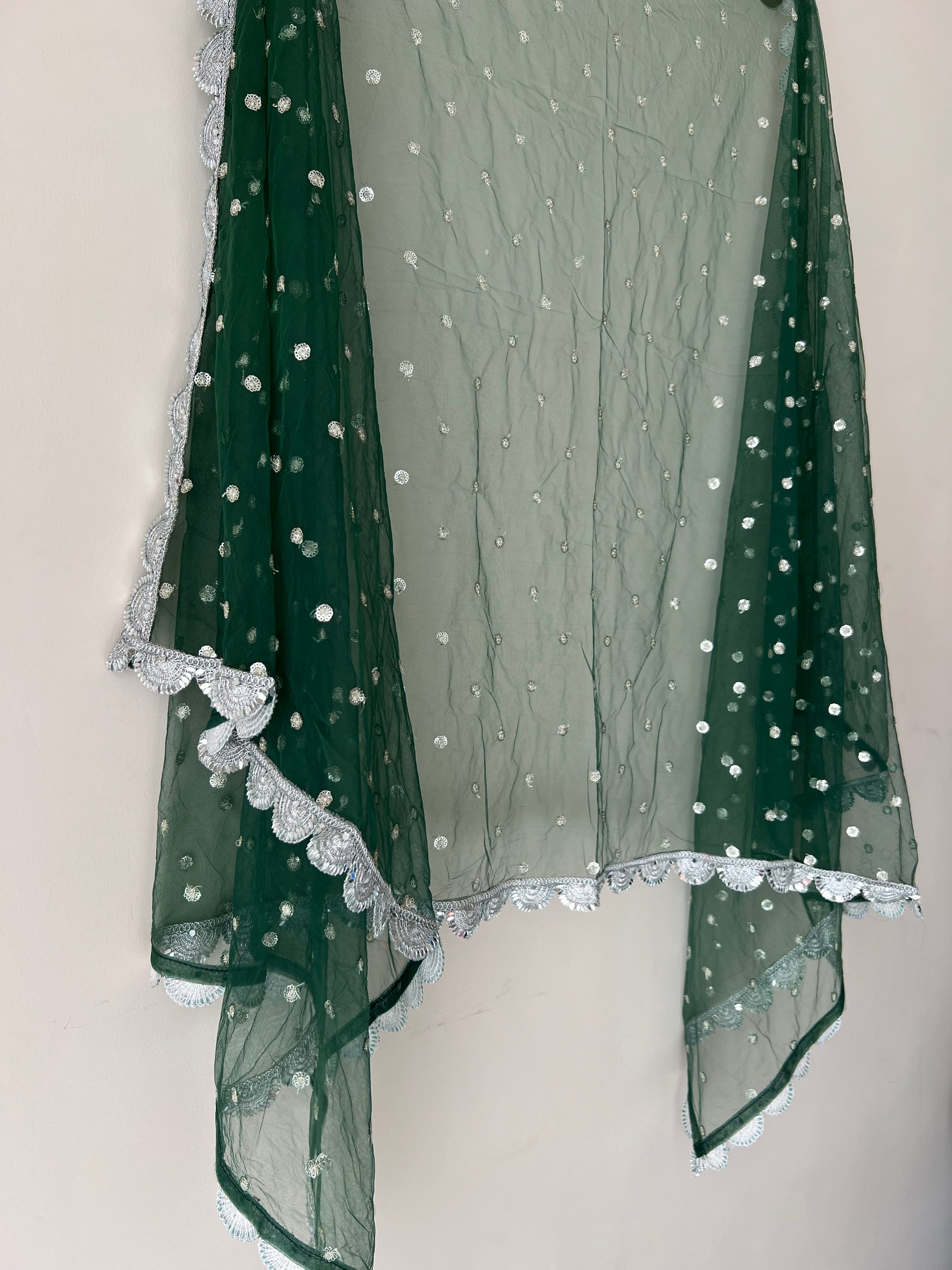 Green Net dupatta with scallop Silver border