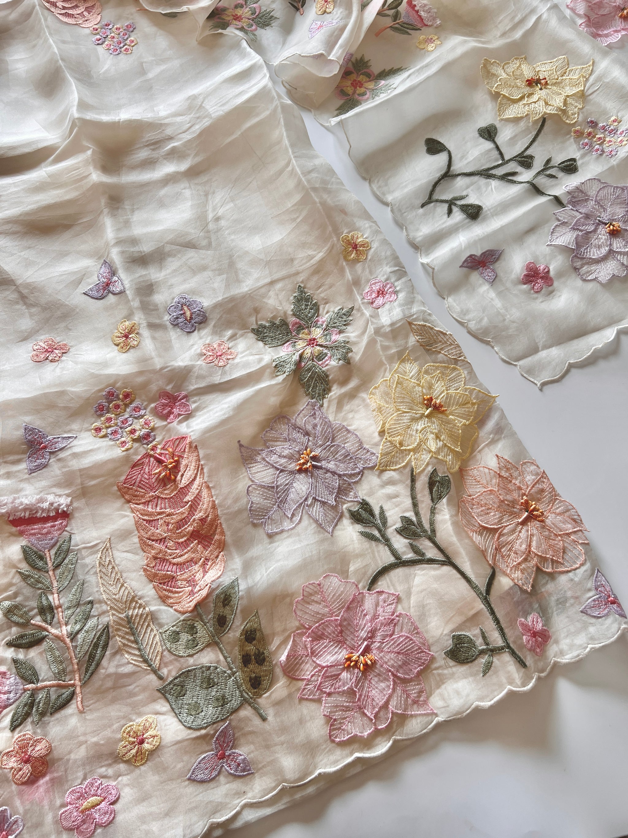 Off White 3D Embroidery on Organza premium unstitched dress material with floral work