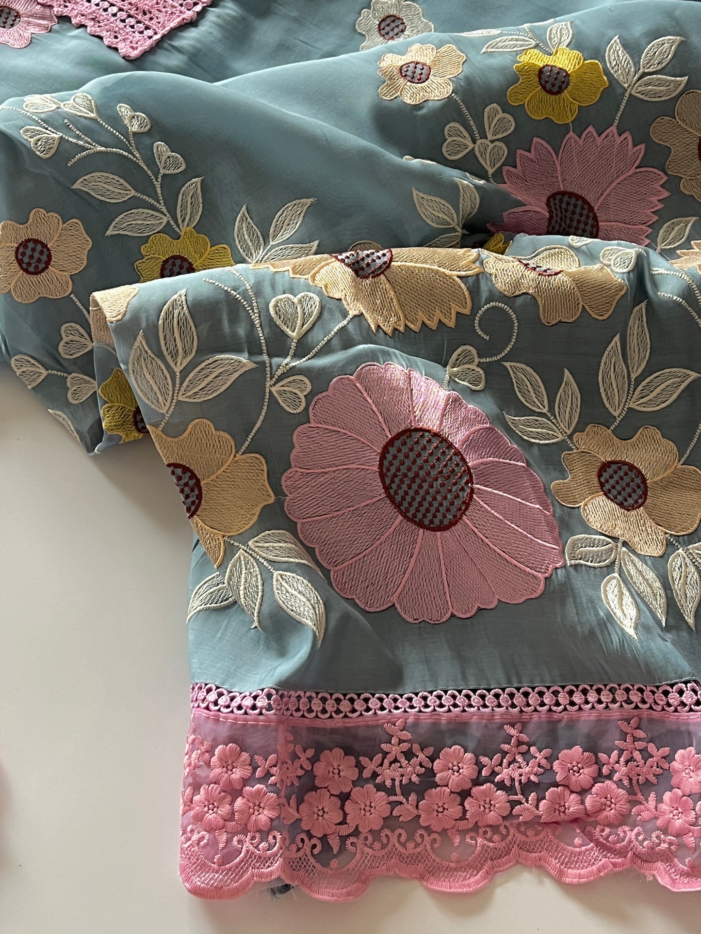 Blue Sunflower Embroidery Mul Masleen Dress material