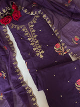 Purple Pitta with thread work on Mul Chanderi dress material - Unstitched Suit set
