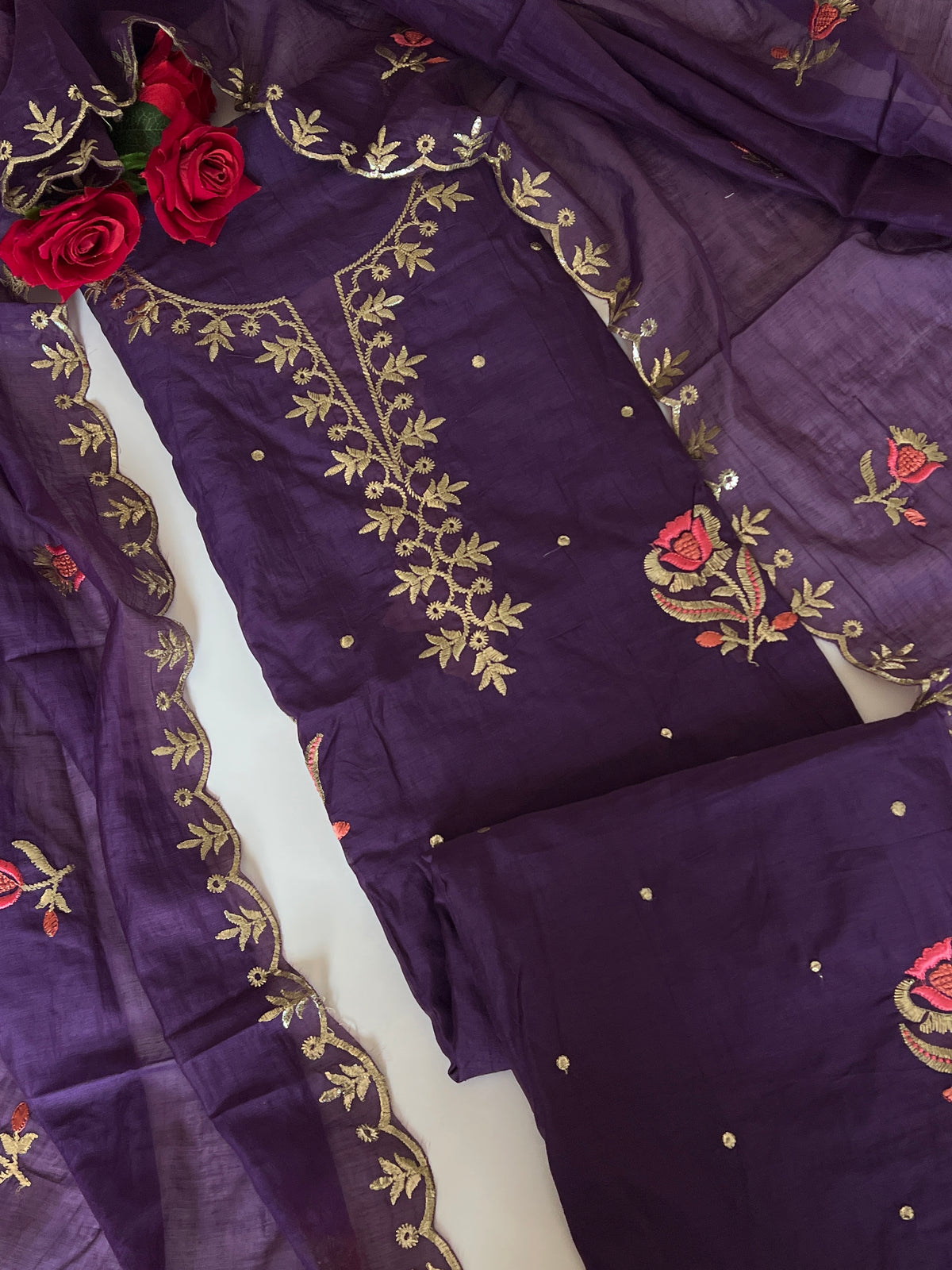 Purple Pitta with thread work on Mul Chanderi dress material - Unstitched Suit set