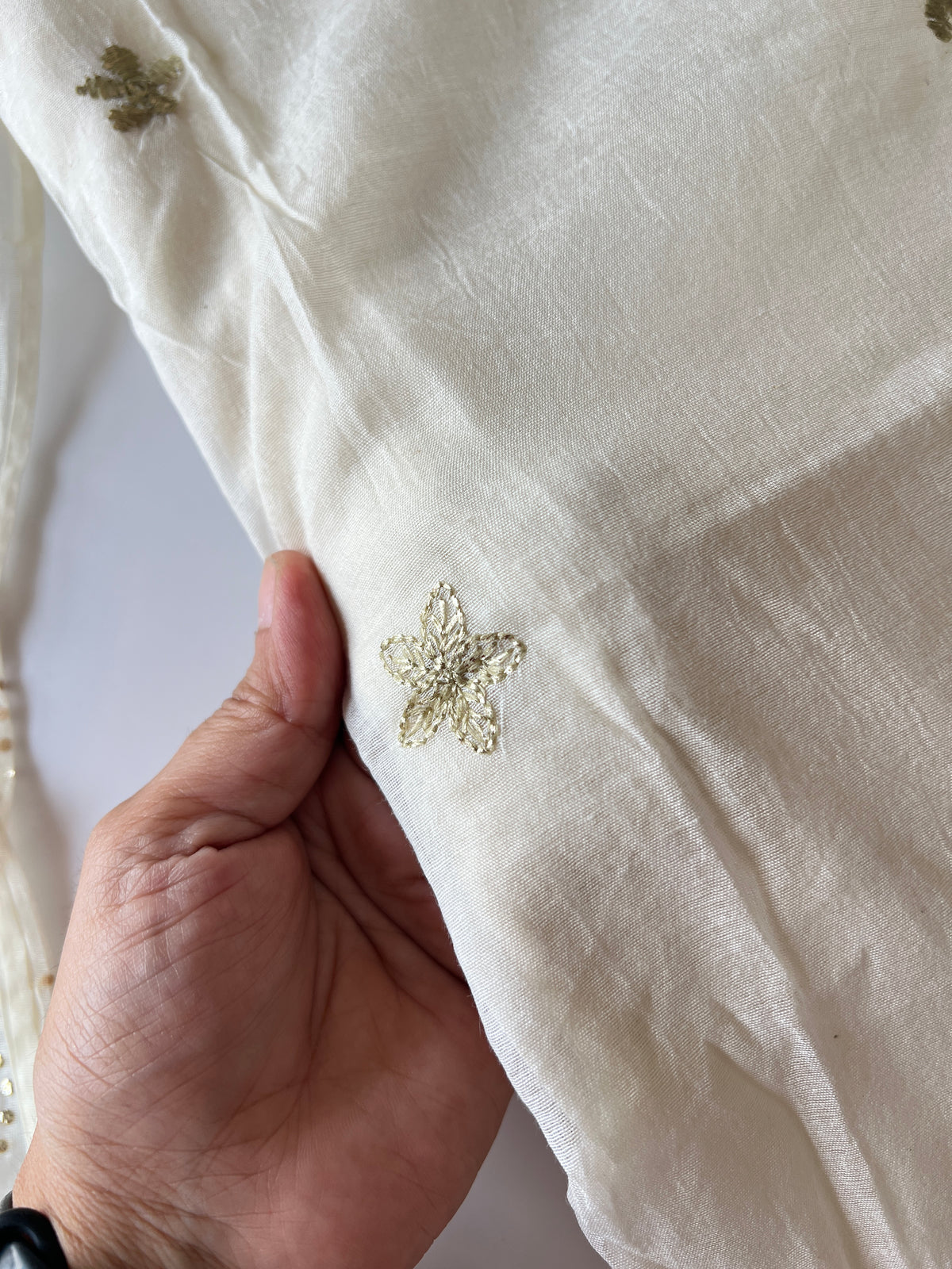 Off white Mul Chanderi dress material with pitta and mukaish work dupatta