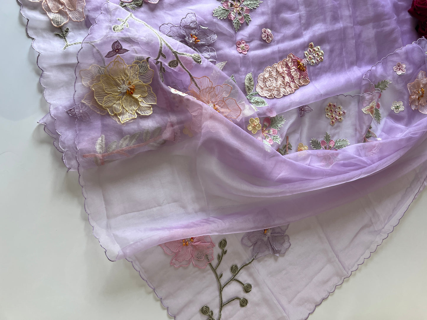 Purple 3D Embroidery on semi Organza premium unstitched dress material with floral work