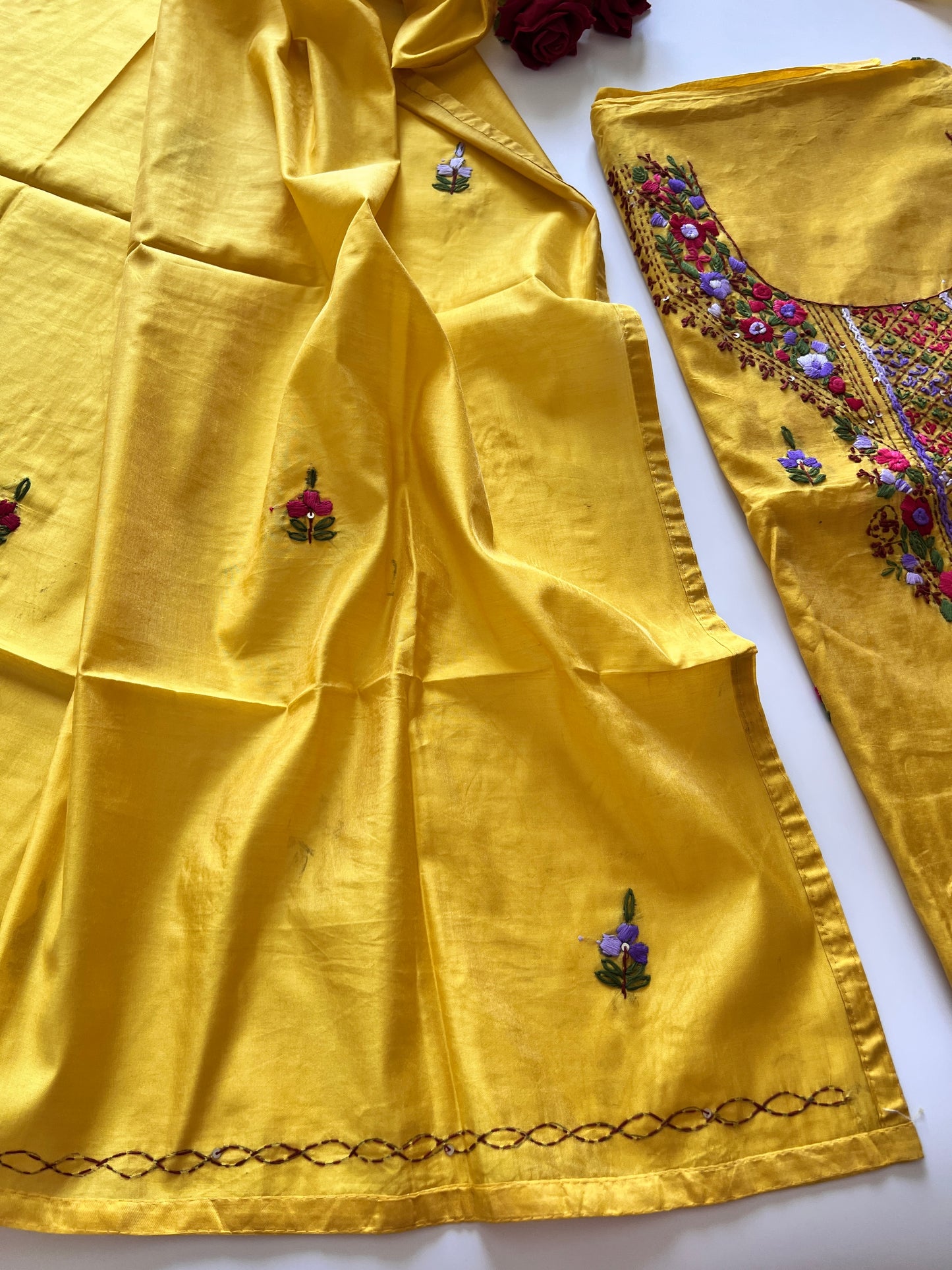 Yellow knot embroidery Unstitched suit material