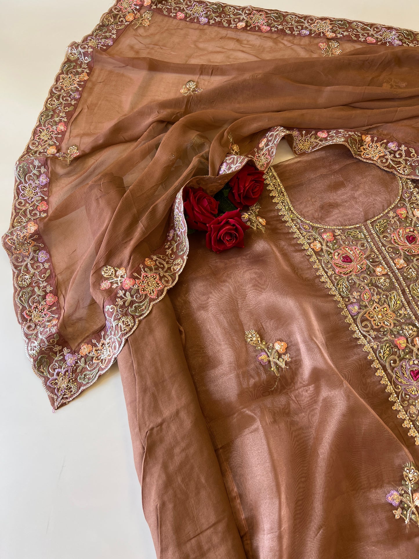 Brown Tissue partywear embroidered suit set unstitched