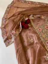 Brown Tissue partywear embroidered suit set unstitched