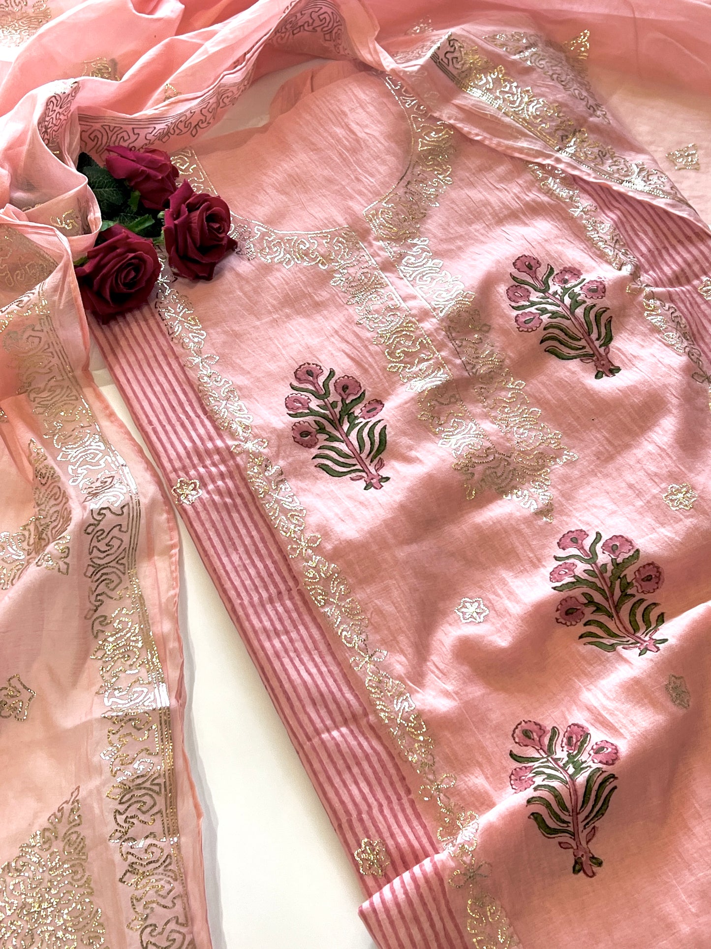 Block print and pitta work on Mul Chanderi dunstitched Suit set