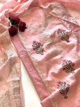 Block print and pitta work on Mul Chanderi dunstitched Suit set