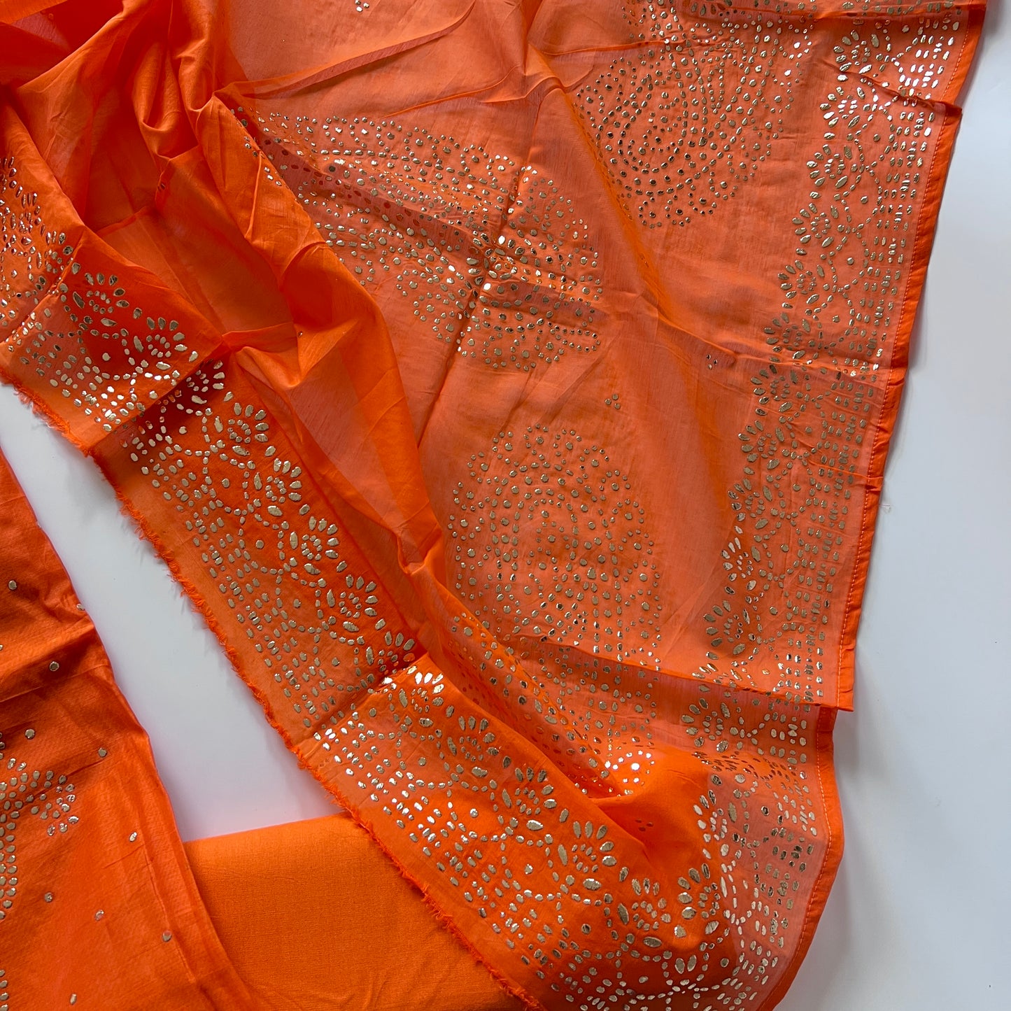 Orange Mul Chanderi dress material with mukaish -Paisley