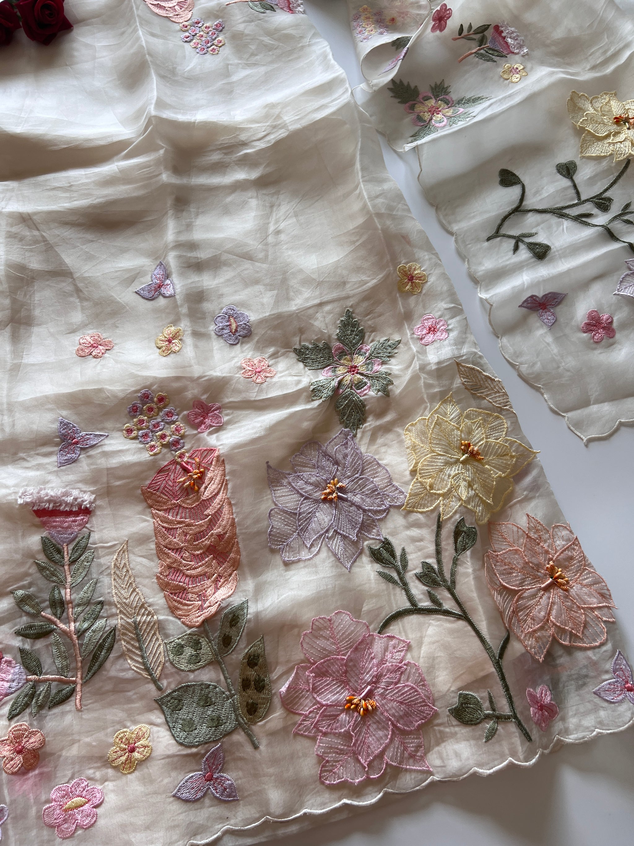 Off White 3D Embroidery on Organza premium unstitched dress material with floral work