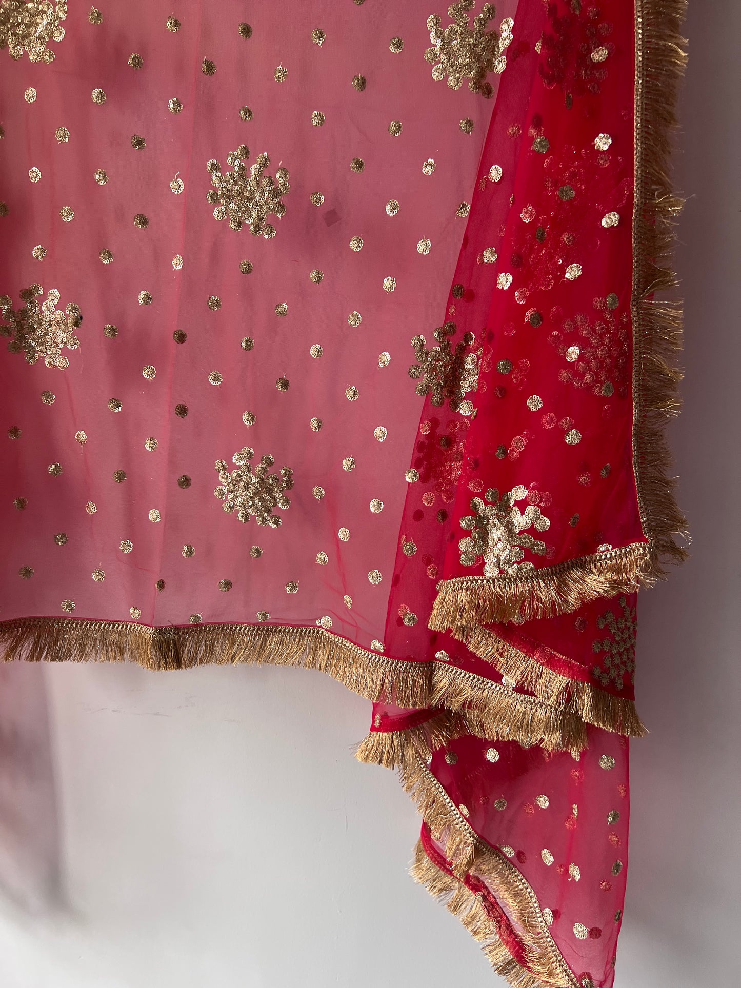 Red Bridal Net dupatta with fringe border