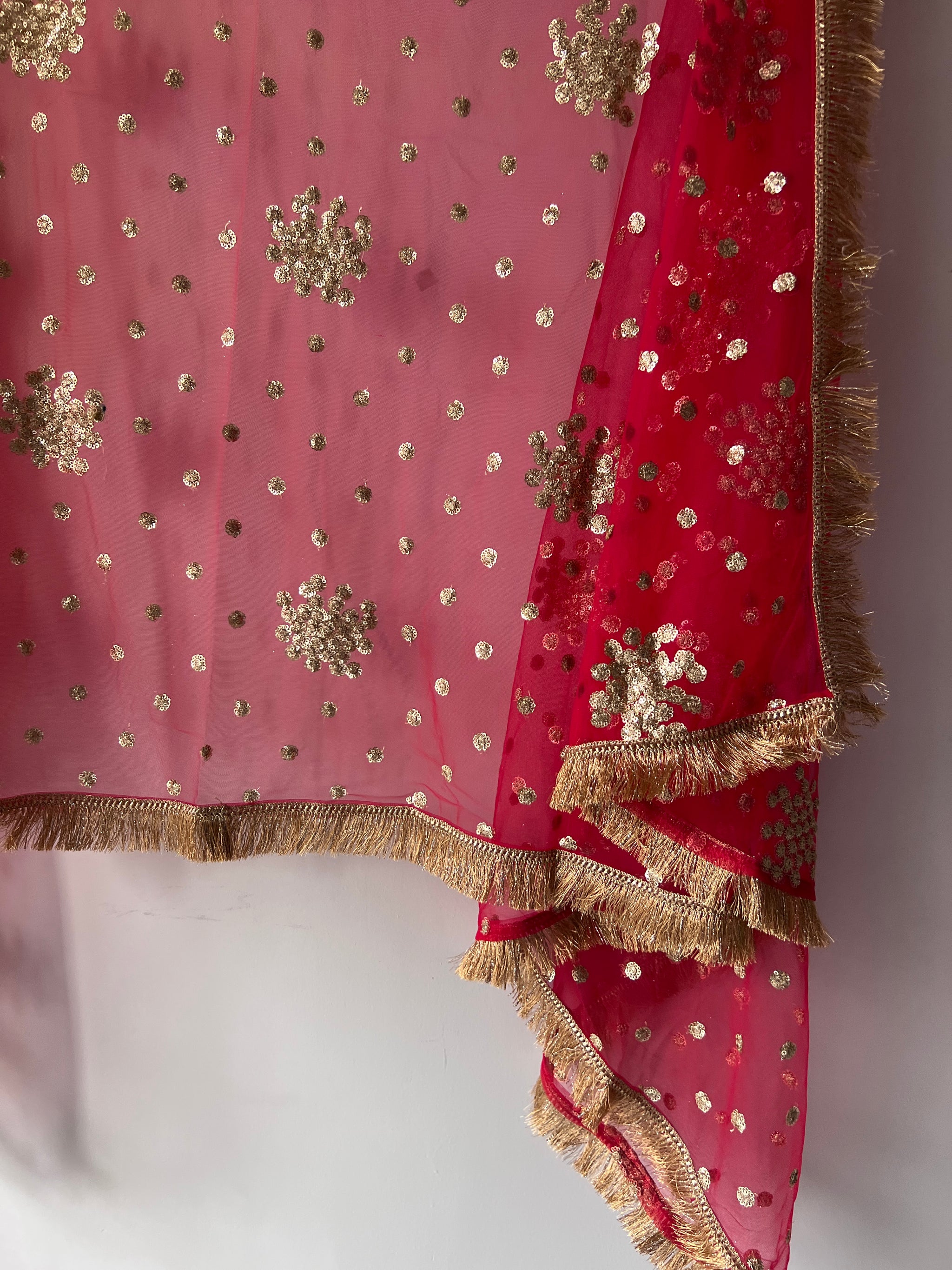 Red Bridal Net dupatta with fringe border
