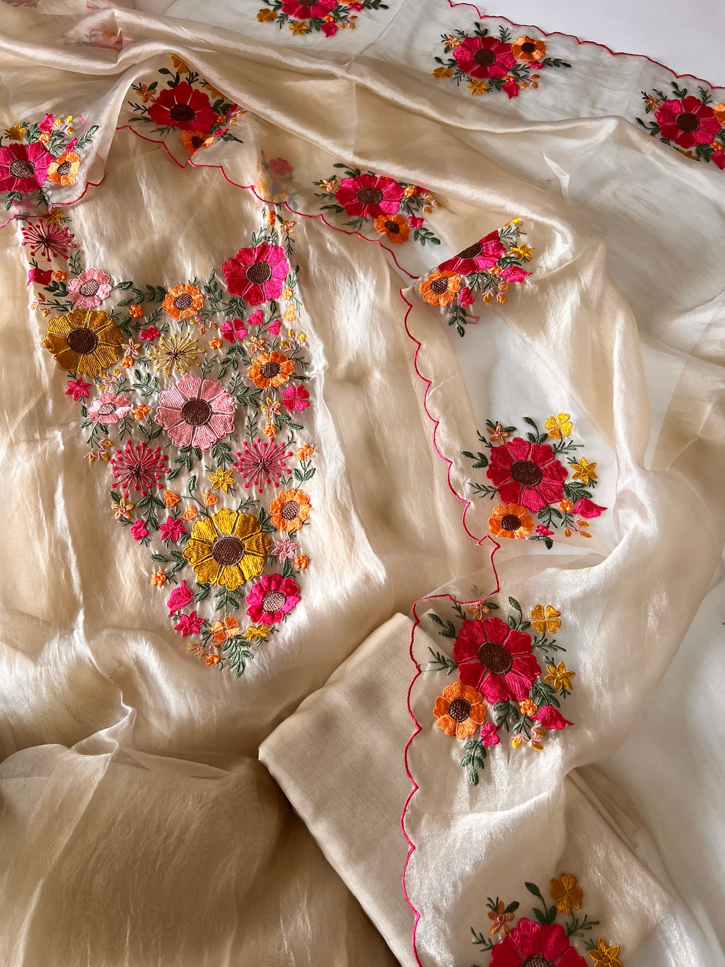 Sunflower Embroidery Crush Organza tissue Dress material