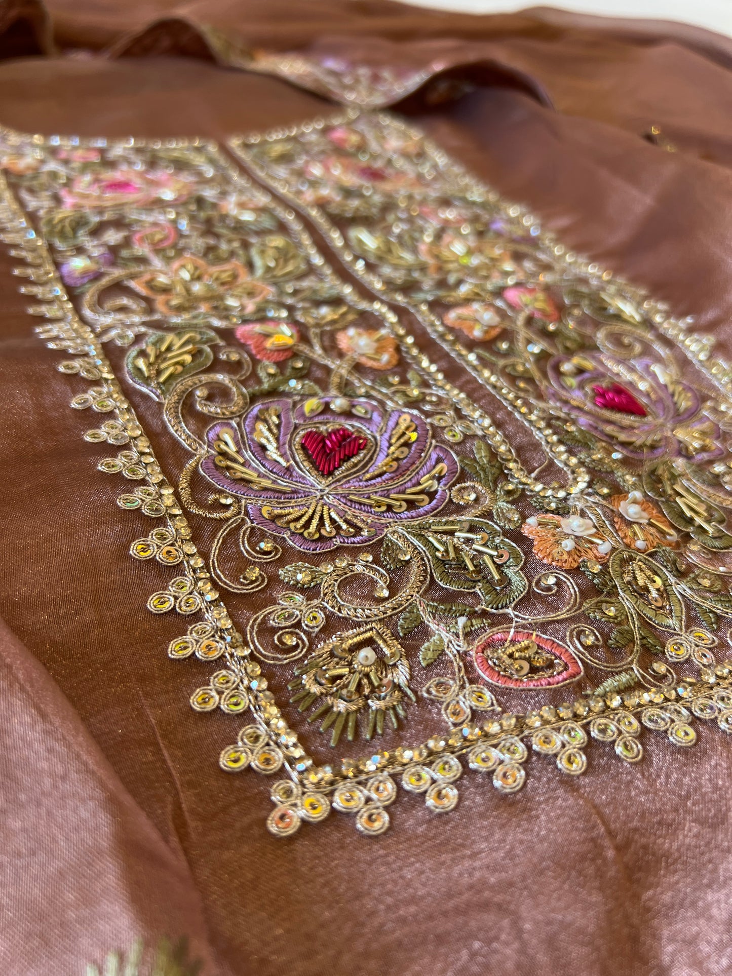 Brown Tissue partywear embroidered suit set unstitched