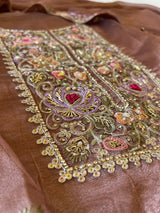 Brown Tissue partywear embroidered suit set unstitched