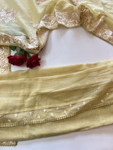Mul Chanderi Handwork with Parsi dupatta Unstitched Suit set - Pastel yellow