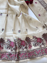 Beige Cotton Jamdani work dress material unstitched Suit set