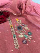 Pink Floral Embroidery tissue Jamdani Dress material