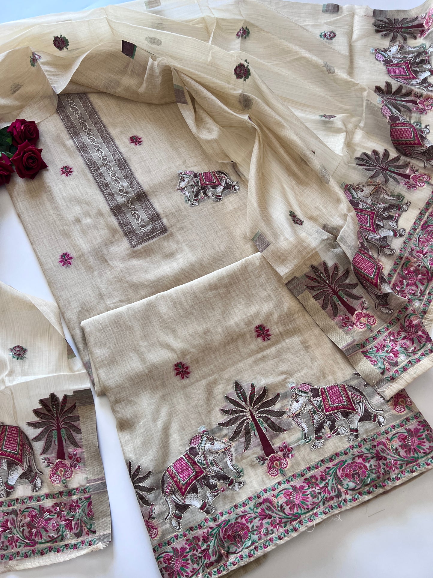 Beige Cotton Jamdani work dress material unstitched Suit set
