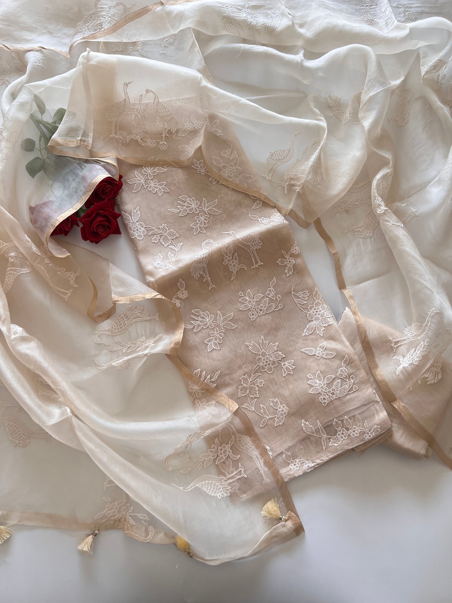 Beige Pure Organza with Swan embroidery Un-stitched Suit set