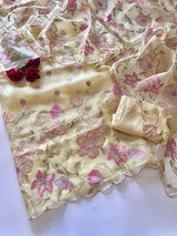 Floral Embroidery on Pure Silk Organza premium unstitched dress material in Pastel Yellow