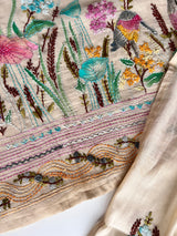 Cream bullion knot embroidery and paint Unstitched suit material