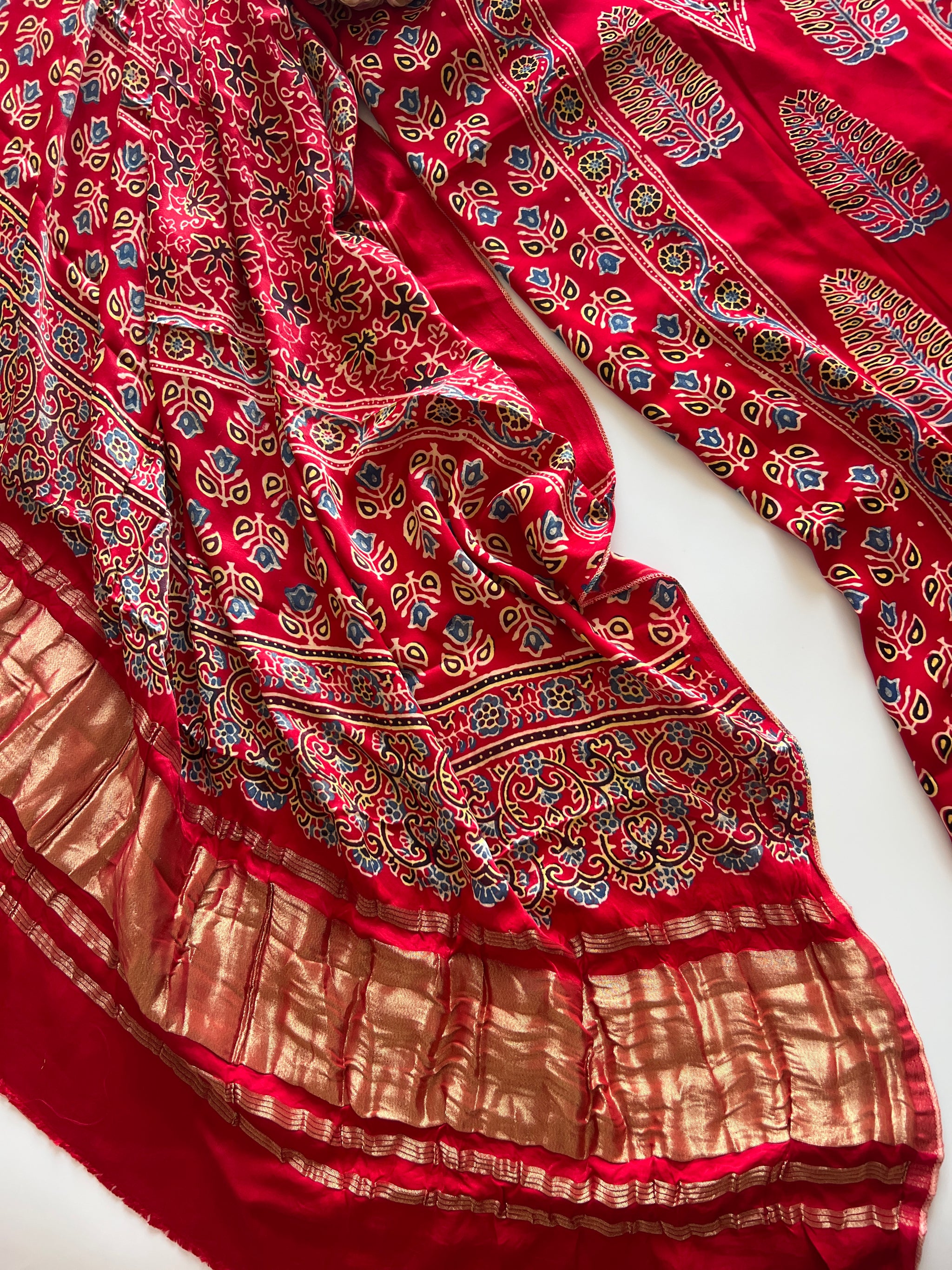 Red Ajrakh Handblock print 3 pc fabric Unstitched suit set