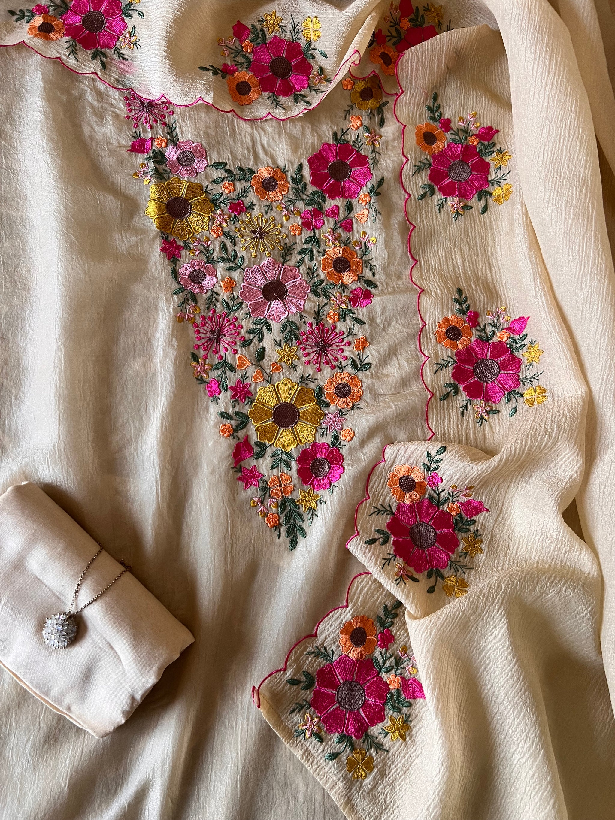 Sunflower Embroidery Crush tissue Silk Dress material