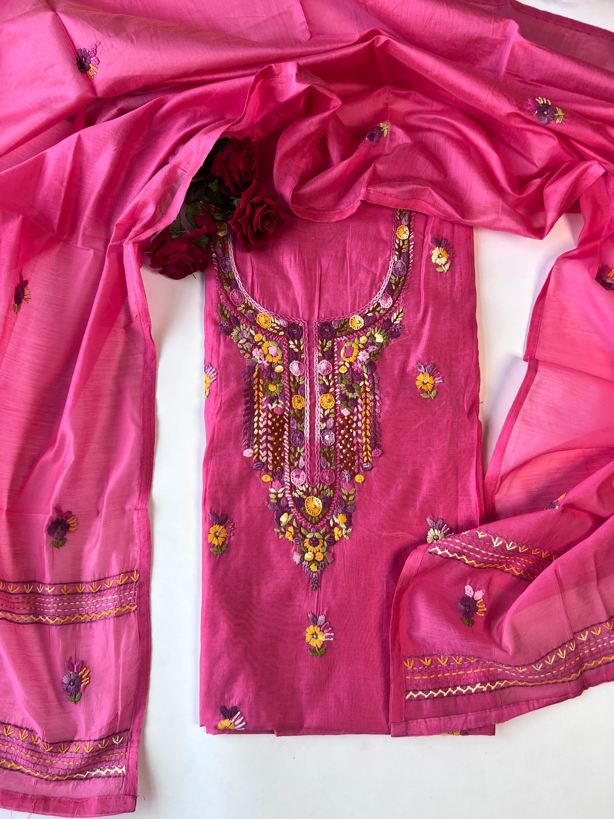 Chanderi knot embroidery Unstitched suit material