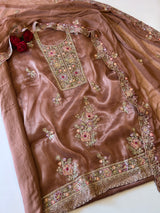 Brown Tissue partywear embroidered suit set unstitched