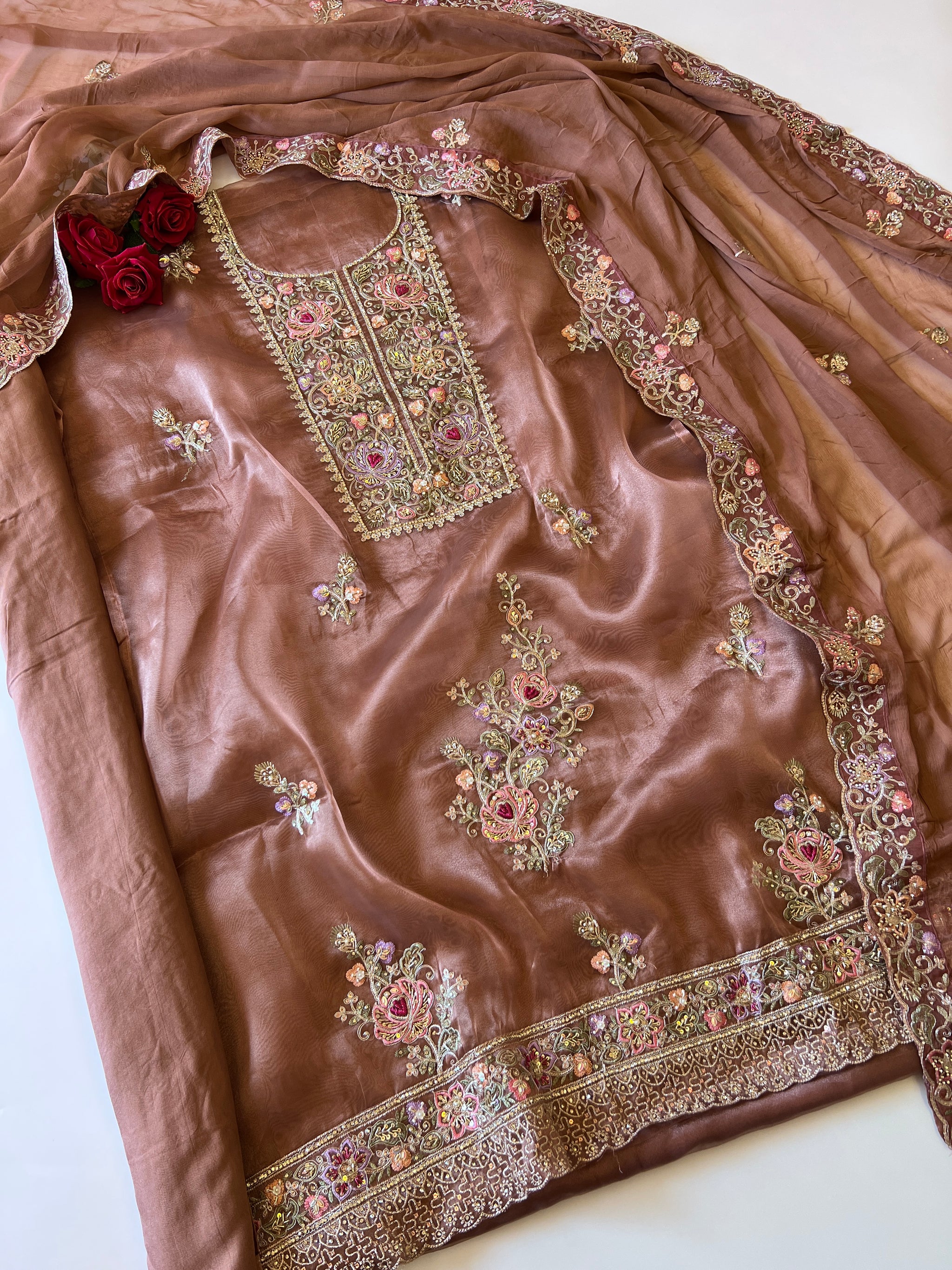 Brown Tissue partywear embroidered suit set unstitched
