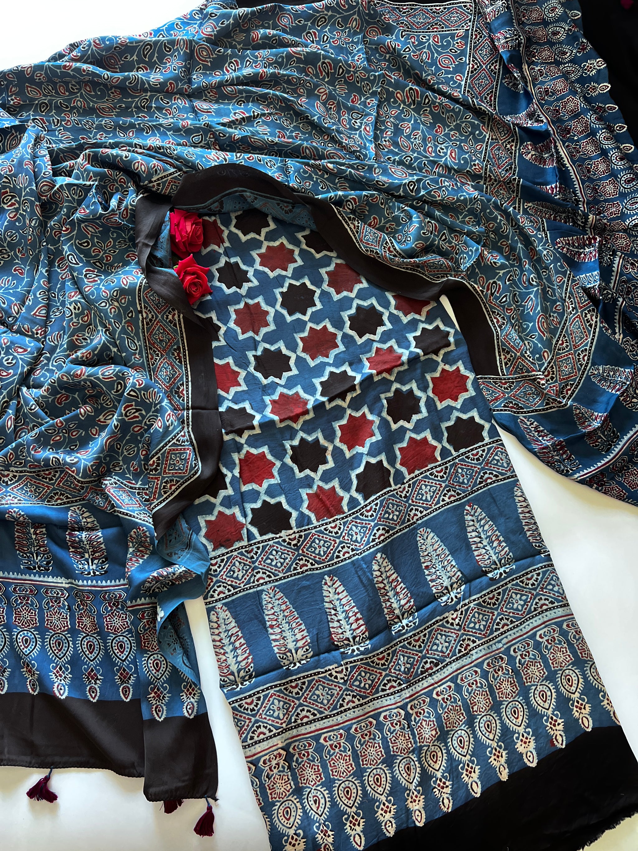 Blue Original Handblock Ajrakh print on Modal fabric Unstitched suit set