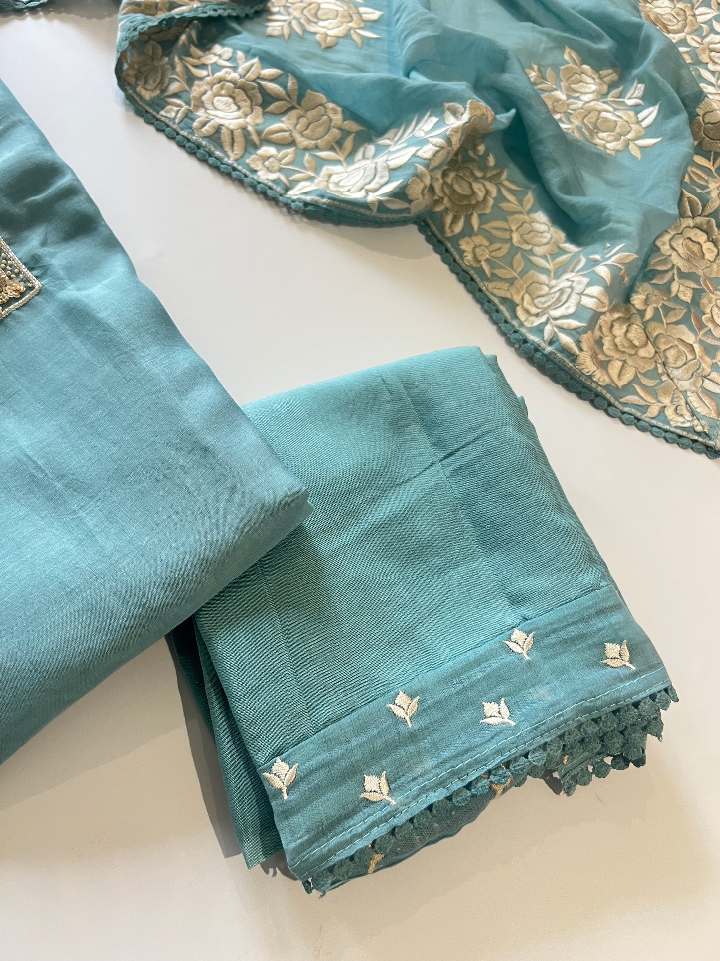 Blue Mul Chanderi Handwork with Parsi dupatta Unstitched Suit set