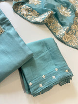 Blue Mul Chanderi Handwork with Parsi dupatta Unstitched Suit set