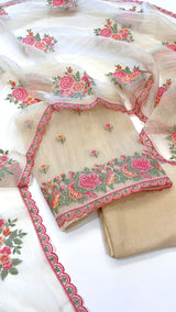 Light Gold Glass tissue with floral cross stitch embroidery dress material
