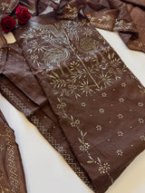Brown Mul Chanderi dress material with mukaish -Flamingo