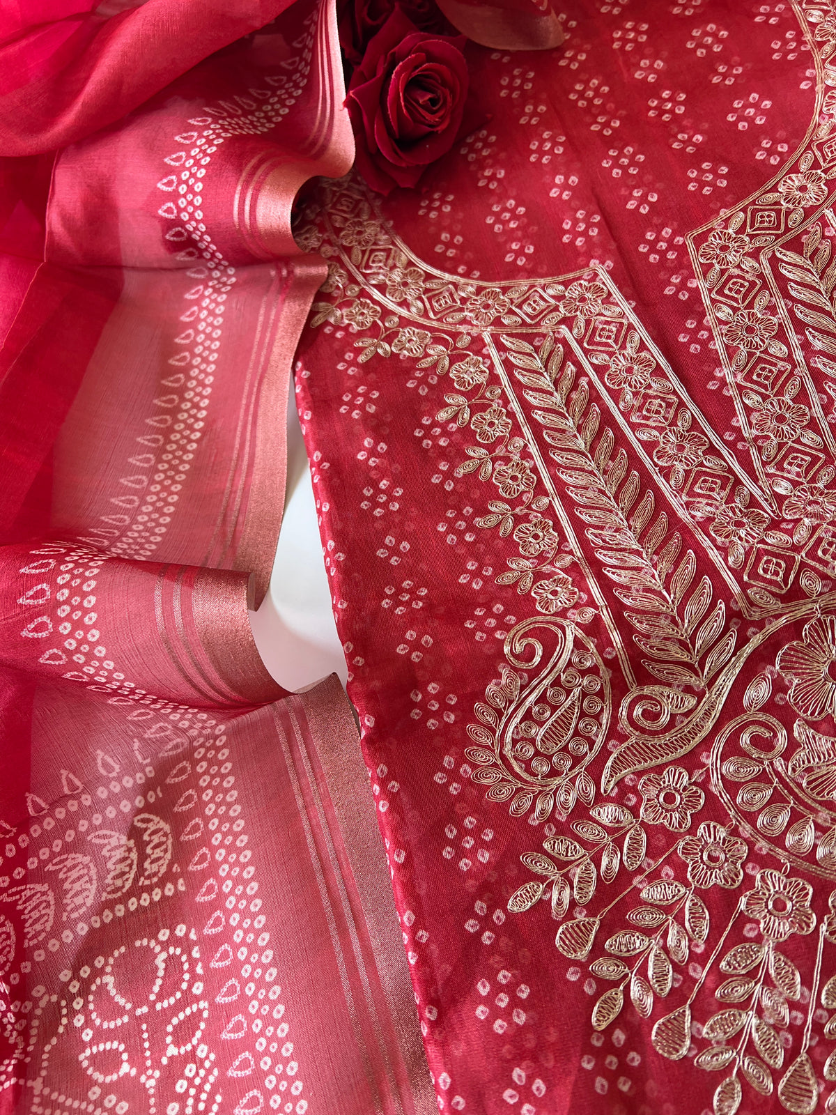 Red soft Organza crepe with Pitta work and bandej